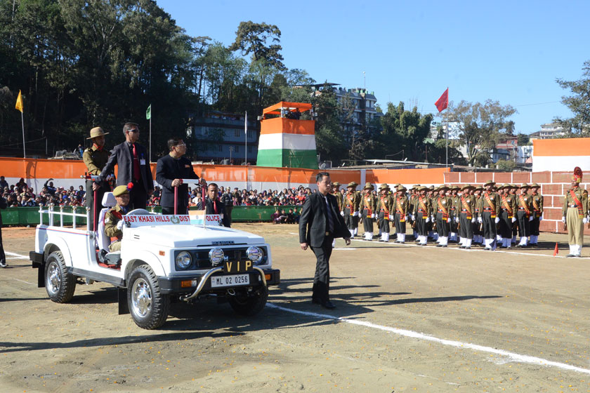 Dr. Mukul Sangma, Chief Minister of Meghalaya inspecting the marching contingent during the Republic Day celebration 2017