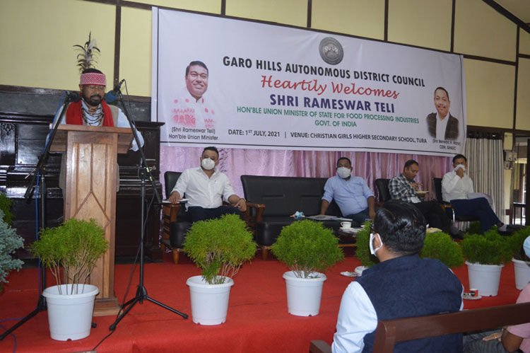 Union Minister of State for Food Processing Industries Rameswar Teli speaking during a function held at Tura on 1.7.2021