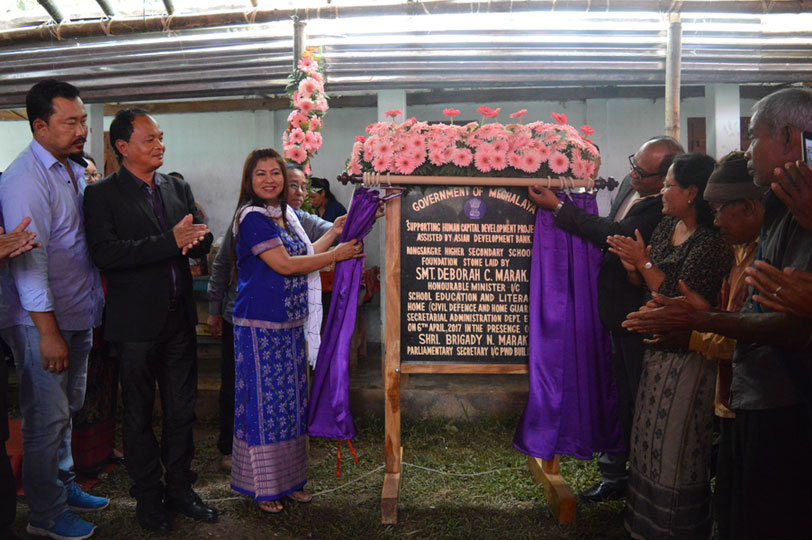 Meghalaya Education Minister Smt. Deborah C.Marak laying the Foundation stone of Rongsakgre Higher Secondary School