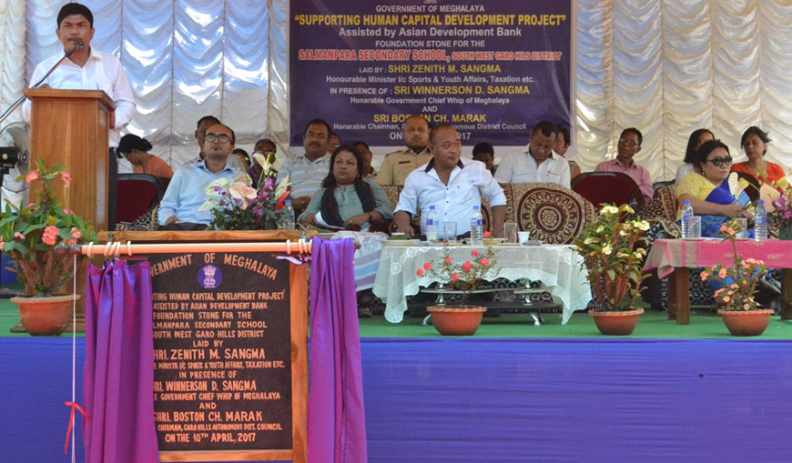 Shri. Zenith Sangma addresses the gathering during the base laying ceremony of Salmanpara Sec School