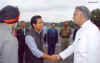 Union Home Minister, Mr. Shivraj Patil being received by the Meghalaya Finance Minister Mr. Conrad K. Sangma on his arrival at the ALG Helipad, Shillong