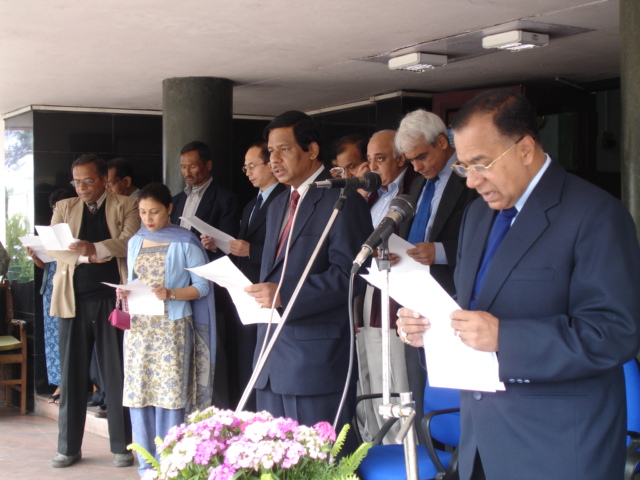 Meghalaya Chief Secretary, Mr Ranjan Chatterjee (right) leading the reading of the pledge on the occasion of Anti Terrorism Day observed at the Main Sectt premises