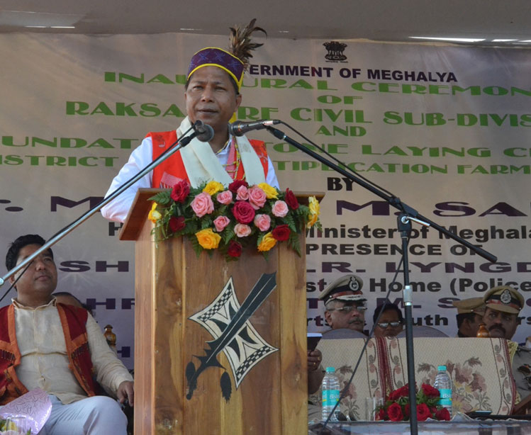 CM Dr Mukul Sangma addresses the gathering during the inauguration of Raksamgre Civil Sub Division