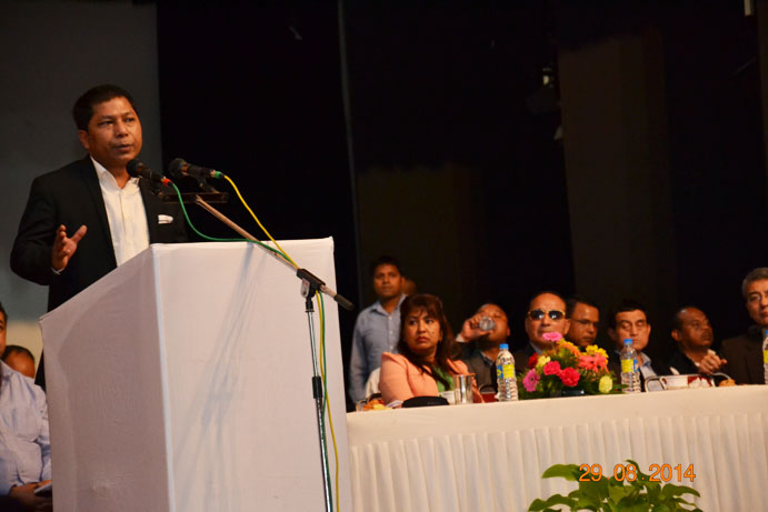 Meghalaya Chief Minister Dr. Mukul Sangma while addressing the gathering on NGT Coal ban at U So So Tham Auditorium 