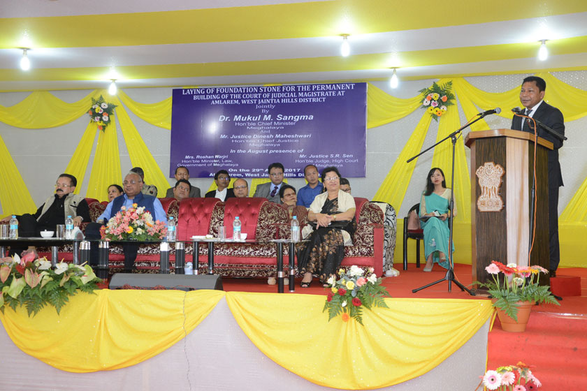 Chief Minister Dr.Mukul Sangma speaking on the occasion of the Foundation Stone laying ceremony for permanent building of Court of Judicial Magistrate at Amlarem